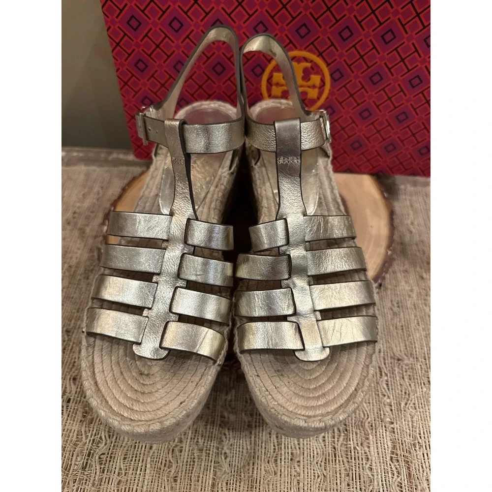 Tory Burch Fisherman Espadrille Platform Wedge Sandal in Spark Gold Sz-9 Boho